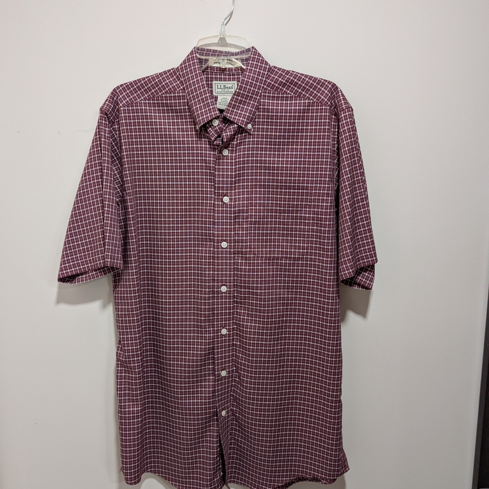 LL Bean Mens Wrinklefree Medium TALL  Button Down Plaid Short Sleeve Dress Shirt